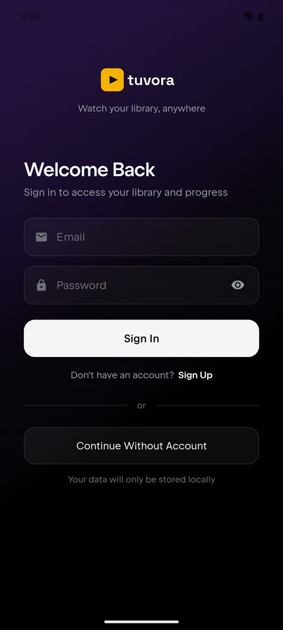 The Tuvora sign-in screen on an Android phone, headed Welcome Back