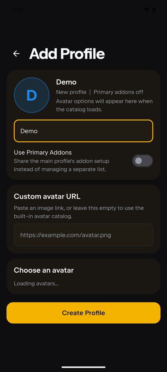 The Add Profile screen with a name field, avatar options and a Create Profile button