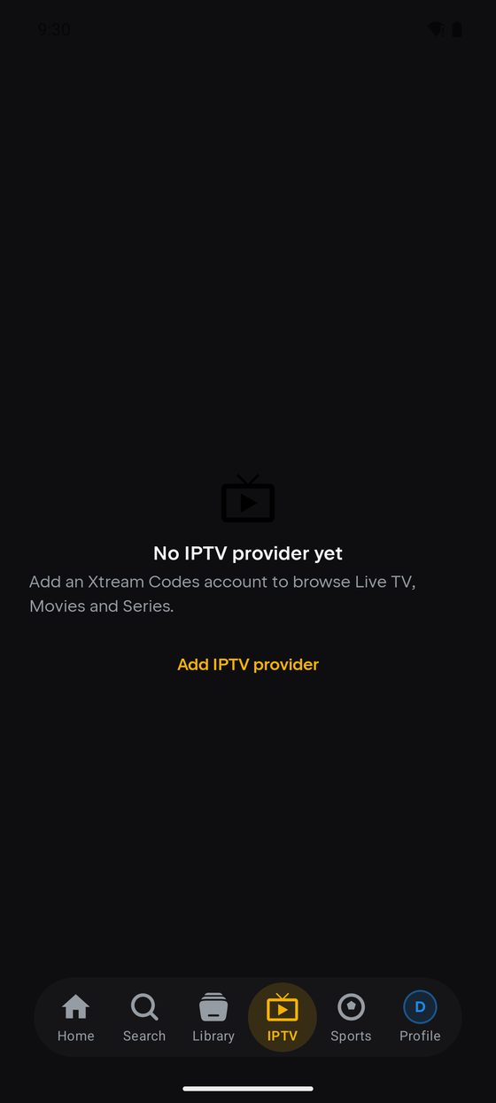 The IPTV tab on Android before any provider has been added