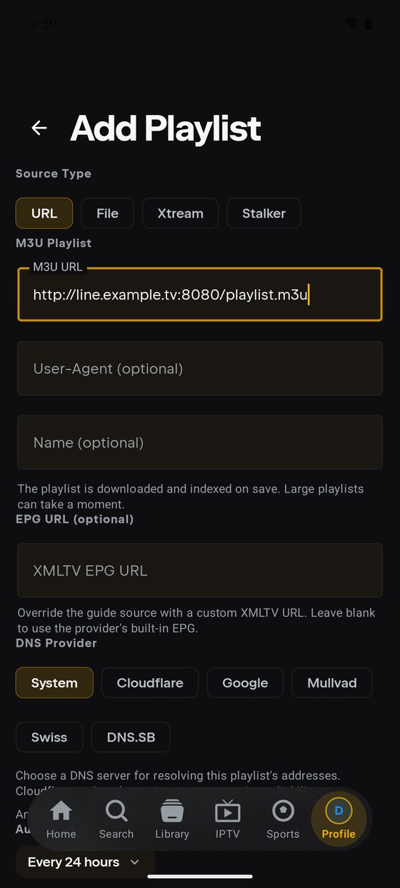 The Add Playlist form on Android with Source Type set to URL