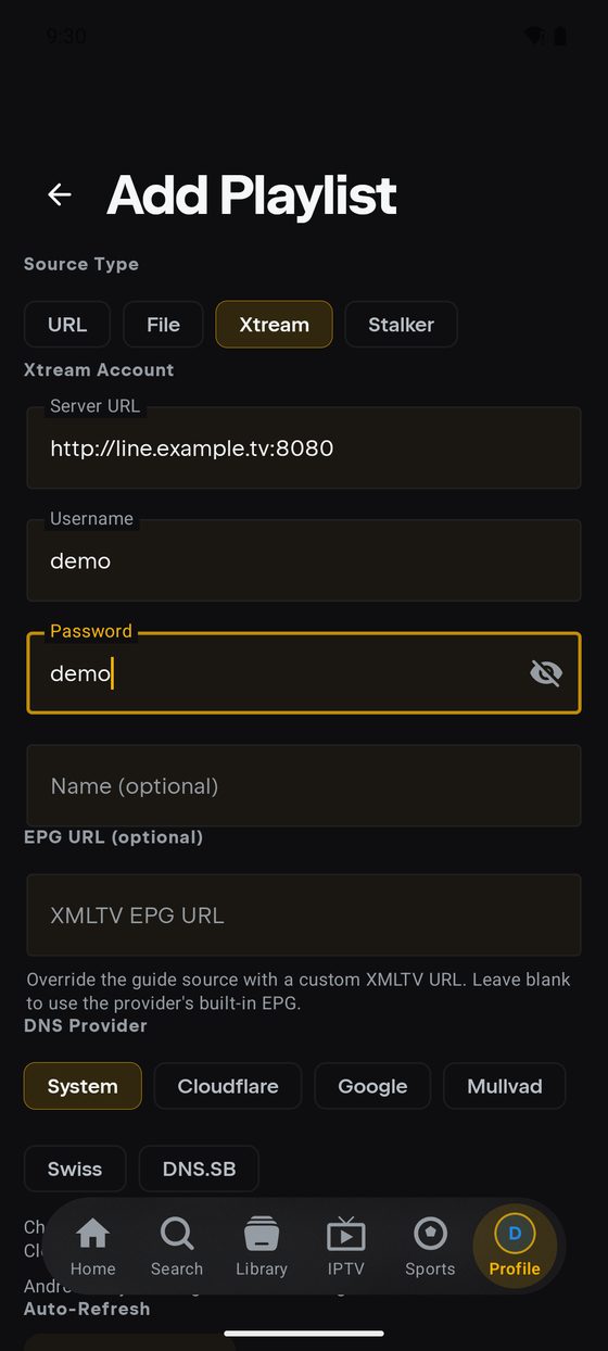 The Add Playlist form on Android with Source Type set to Xtream