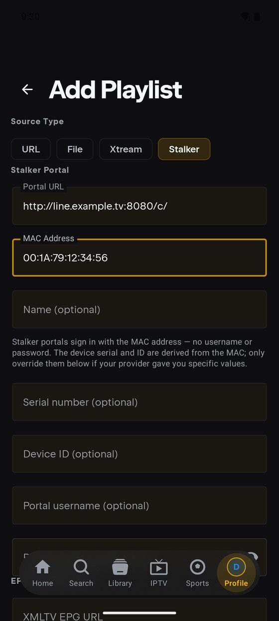 The Add Playlist form on Android with Source Type set to Stalker