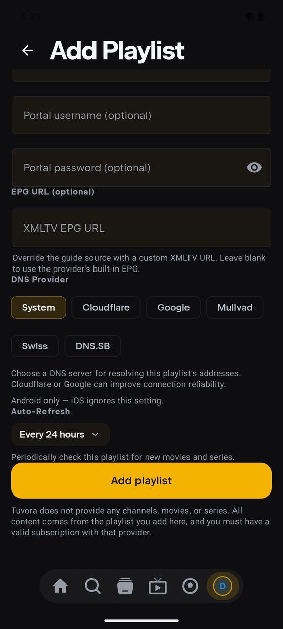The bottom of the Add Playlist form on Android, showing the Add playlist button