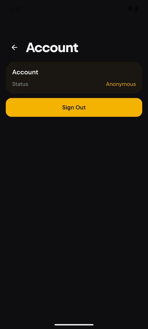 The Account screen on Android showing status Anonymous and a Sign Out button