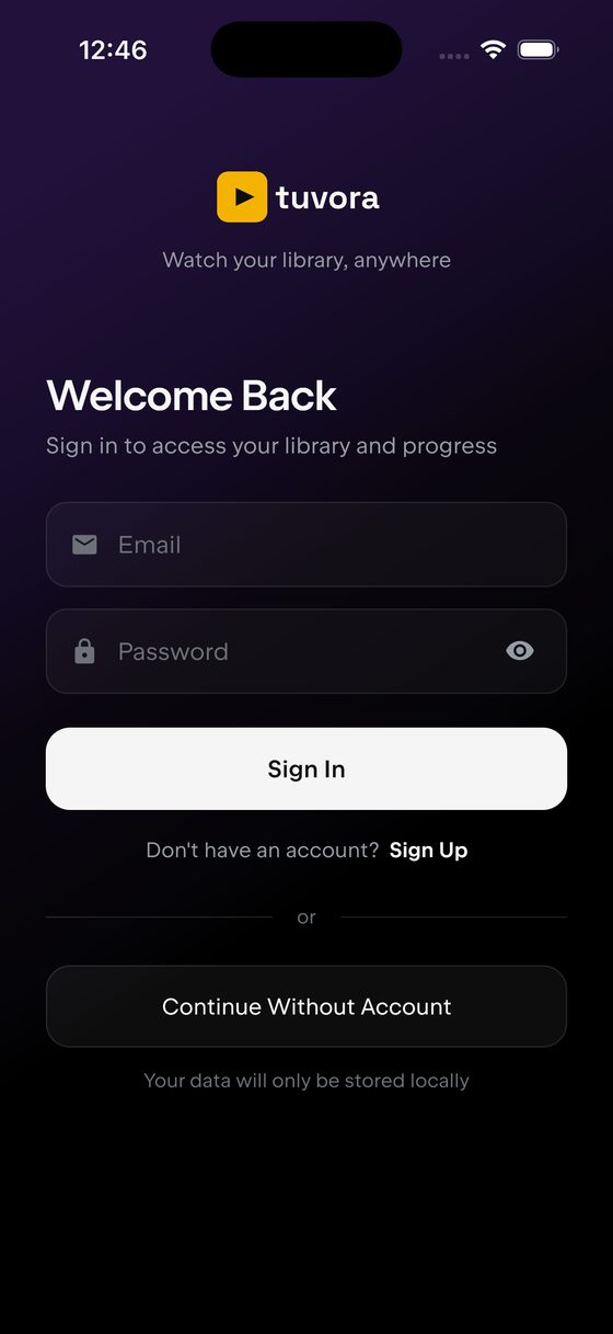 The Tuvora sign-in screen on an iPhone, headed Welcome Back