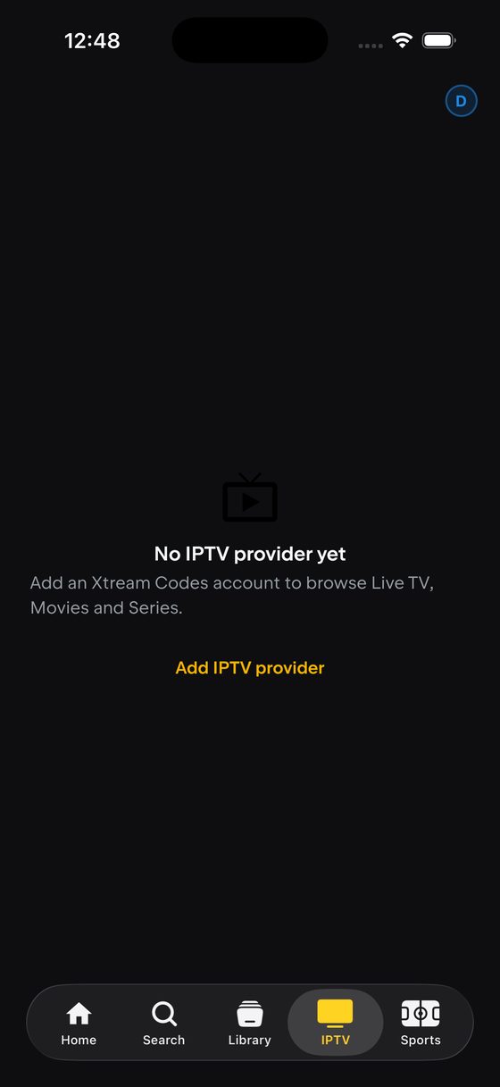 The IPTV tab on iPhone before any provider has been added