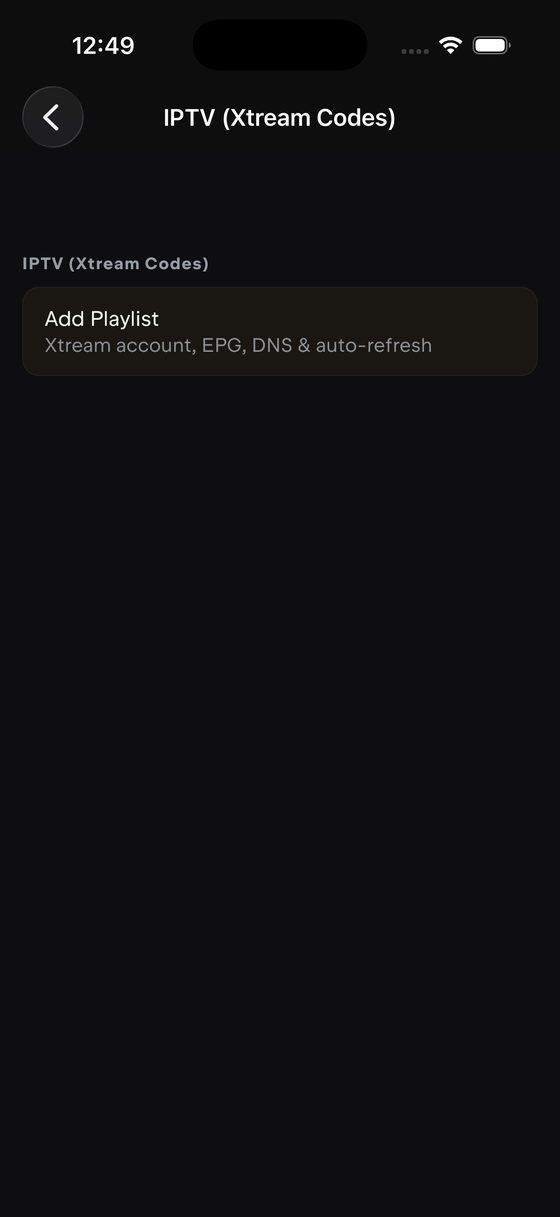 The IPTV Xtream Codes page on iPhone with a single Add Playlist row