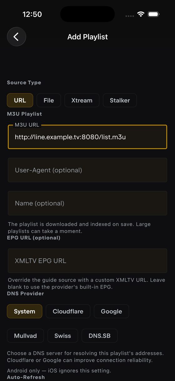 The Add Playlist form on iPhone with Source Type set to URL