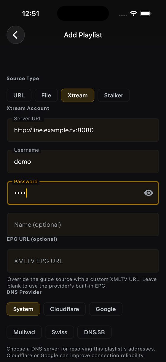 The Add Playlist form on iPhone with Source Type set to Xtream