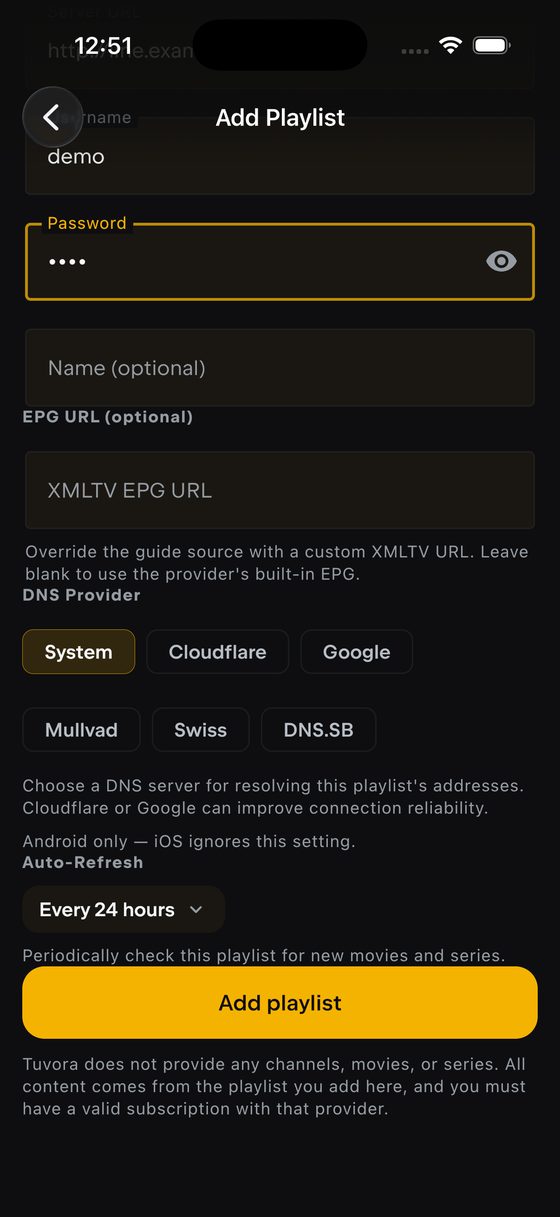 The bottom of the Add Playlist form on iPhone with the Add playlist button