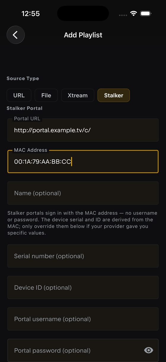 The Add Playlist form on iPhone with Source Type set to Stalker