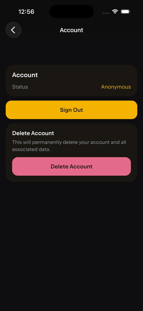 The Account page on iPhone showing status Anonymous with Sign Out and Delete Account