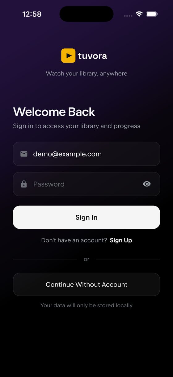 The Tuvora sign-in screen on iPhone with an email address typed in