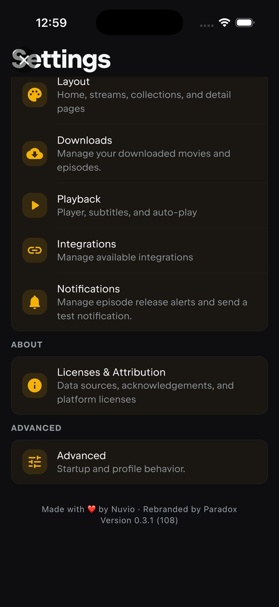 The bottom of the Settings sheet on iPhone showing About, Advanced and the version