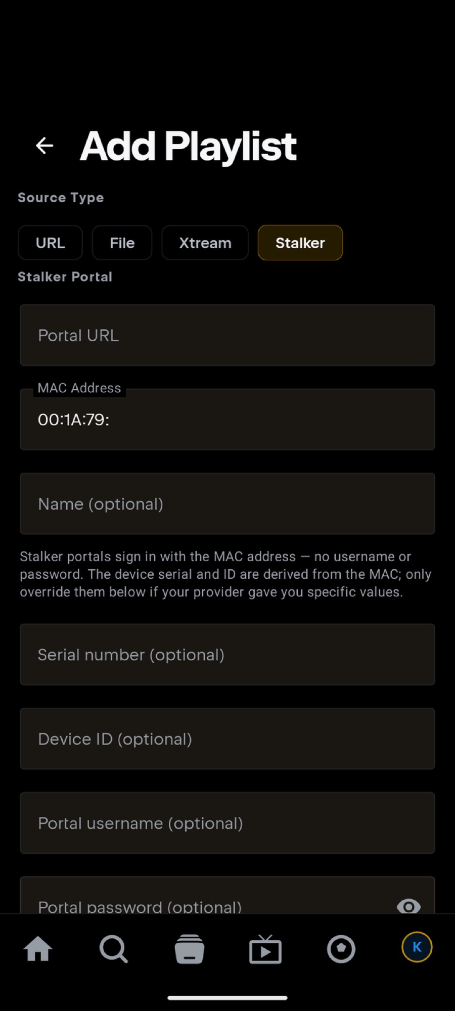 The Stalker portal form on a phone, with Portal URL and MAC address fields