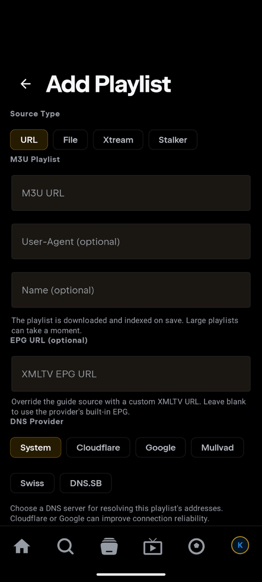 The M3U playlist form on a phone, with Source Type set to URL