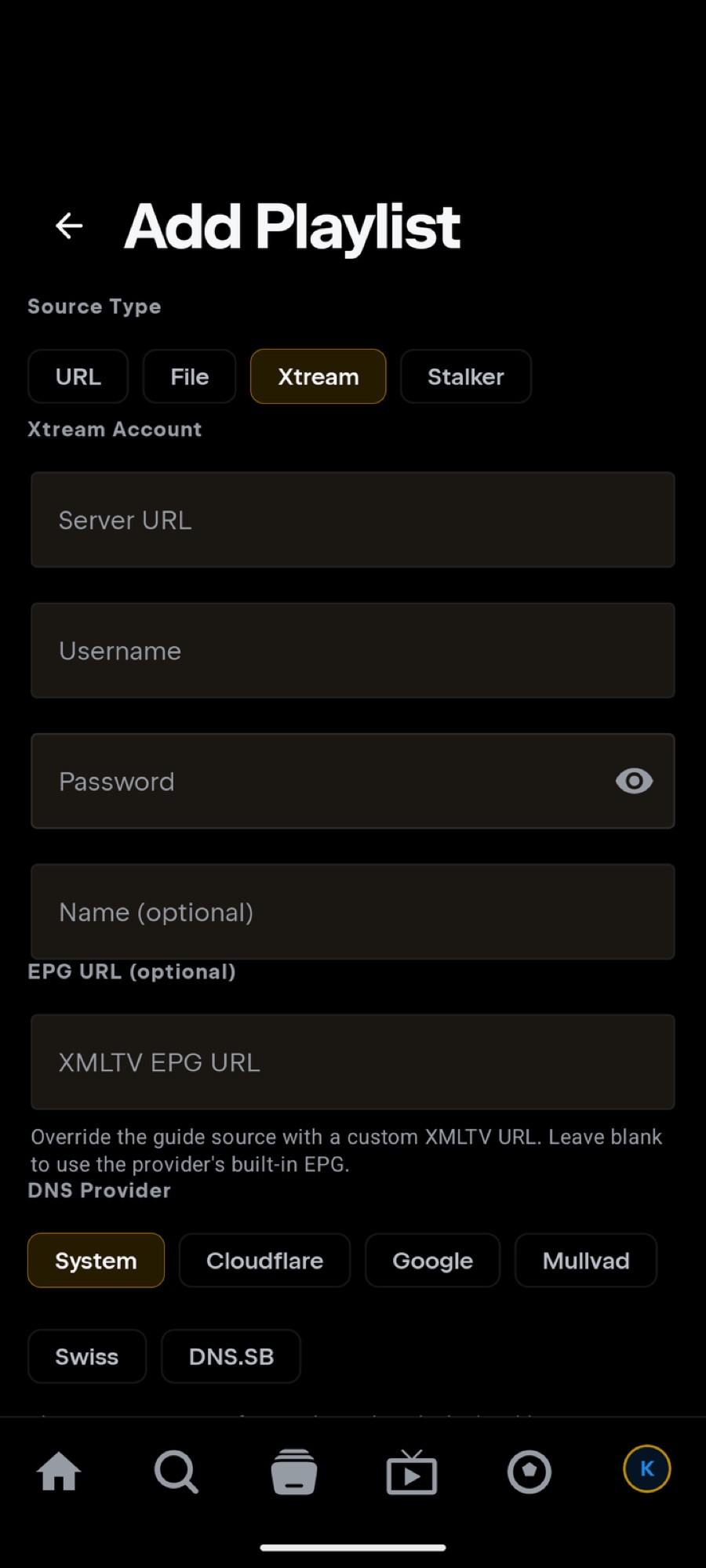 The Xtream account form on a phone, with Source Type set to Xtream