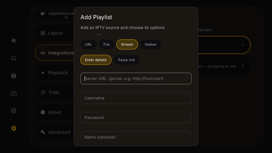 The Add Playlist dialog on a TV, with the source type row