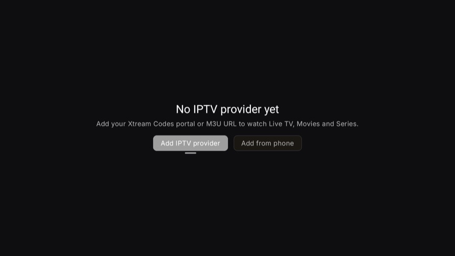 The empty IPTV screen on a TV, offering Add IPTV provider or Add from phone