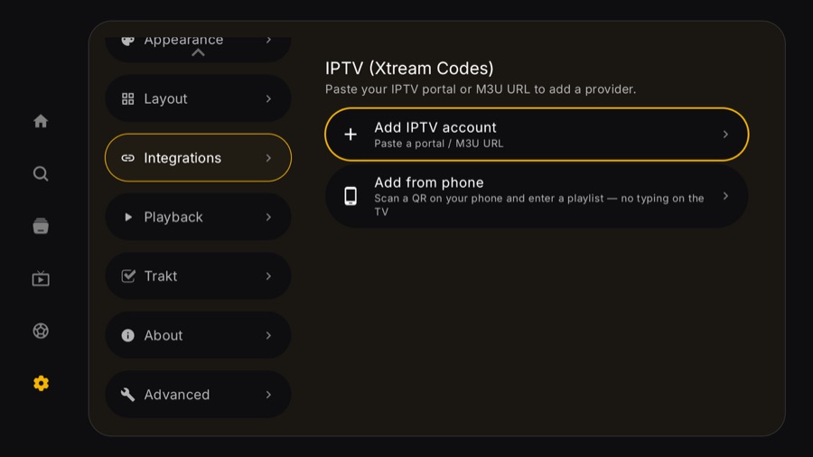 The IPTV section on a TV, offering Add IPTV account or Add from phone