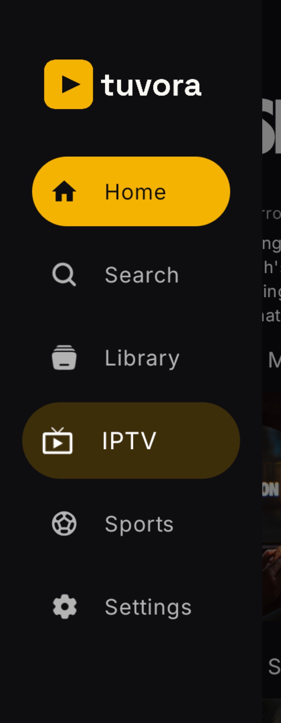 The expanded left sidebar on the Tuvora TV app