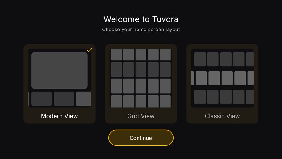 The Tuvora TV layout picker offering Modern, Grid and Classic views