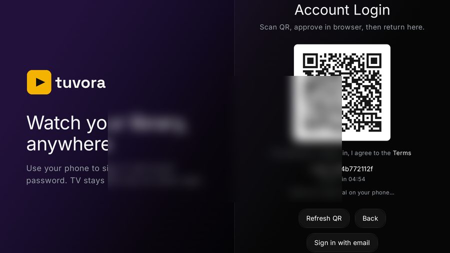 The Tuvora TV account login screen with a QR code and pairing code, blurred in this screenshot