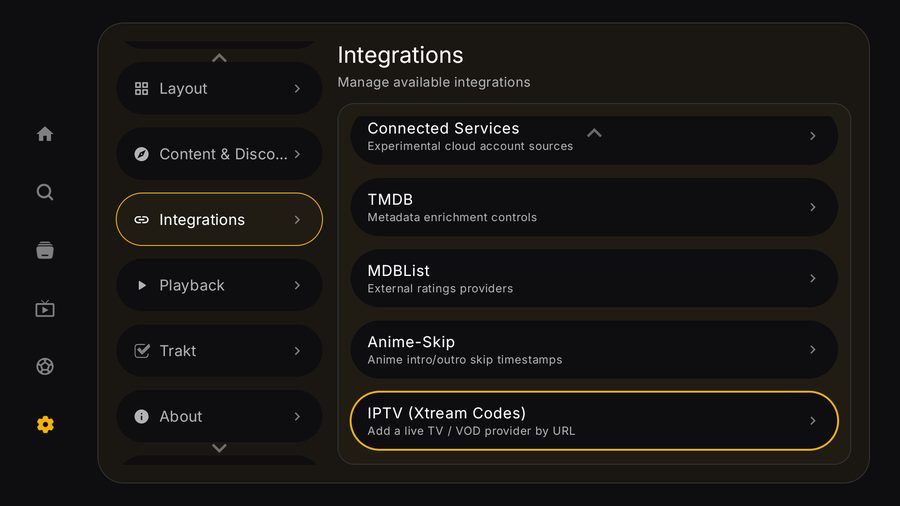 Tuvora TV settings showing the Integrations list with IPTV Xtream Codes at the bottom