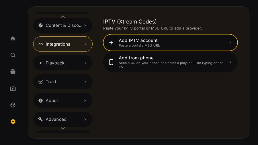 The IPTV section on Tuvora TV offering Add IPTV account or Add from phone