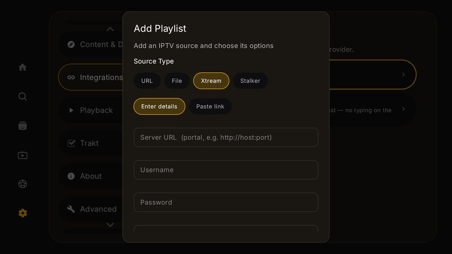 The Add Playlist dialog on Tuvora TV with Xtream selected and the Enter details fields