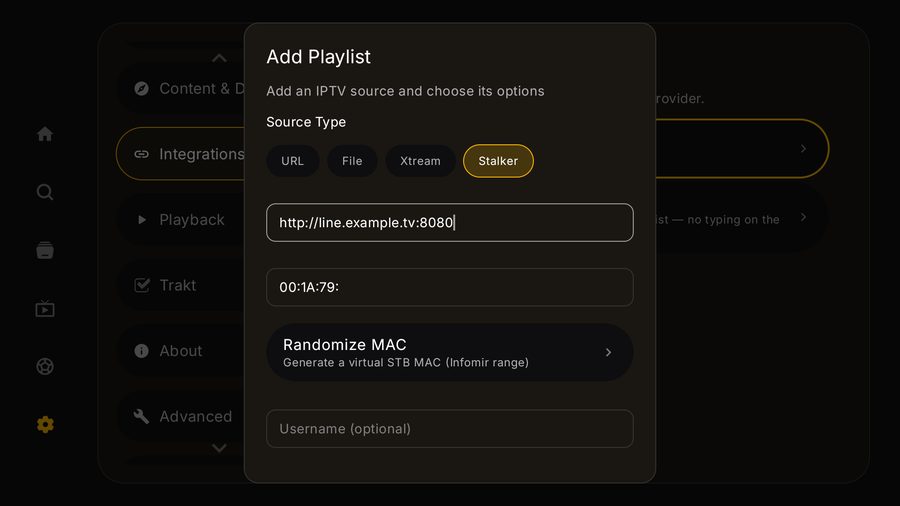 The Add Playlist dialog on Tuvora TV with Stalker selected, showing portal URL and MAC address