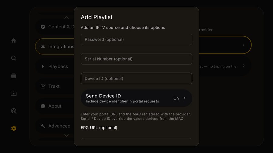 The rest of the Stalker form on Tuvora TV, with serial, device ID and the Send Device ID toggle