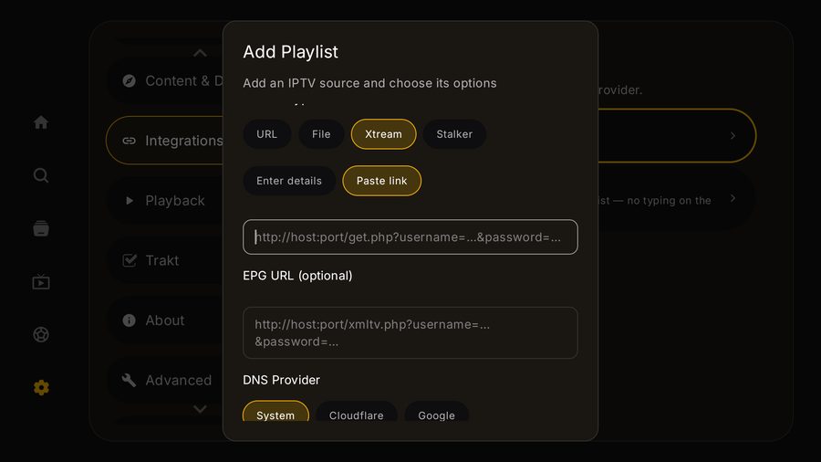 The Add Playlist dialog on Tuvora TV in Xtream Paste link mode with a single URL field