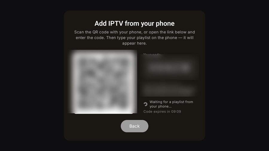 The Add IPTV from your phone screen on Tuvora TV, with the QR code and pairing code blurred