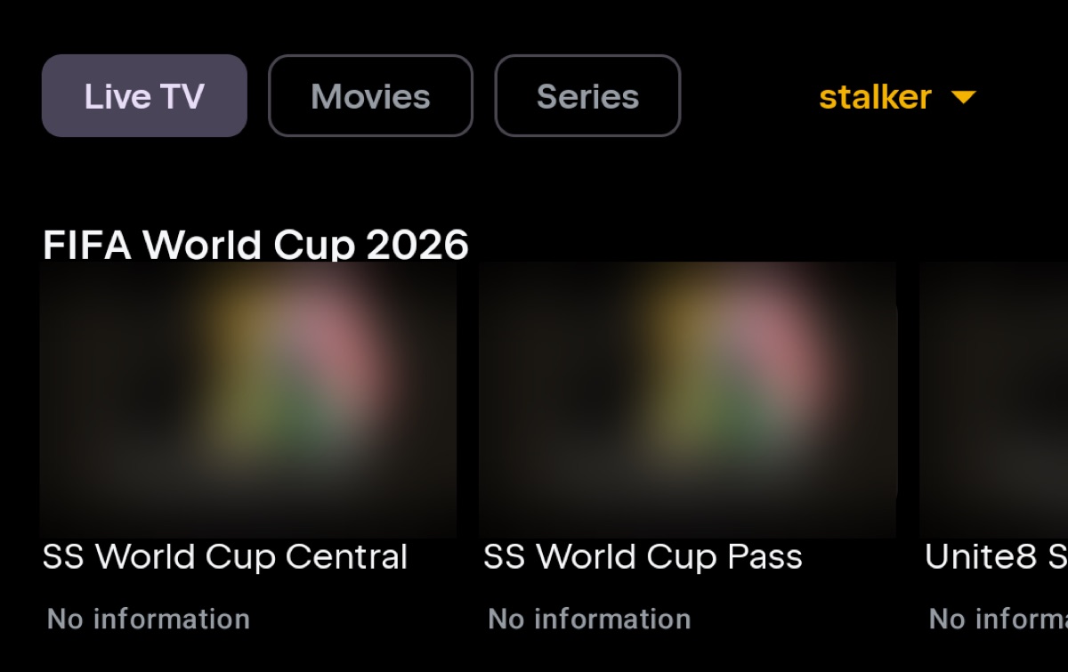 Live TV, Movies and Series tabs above a row of channels in Tuvora