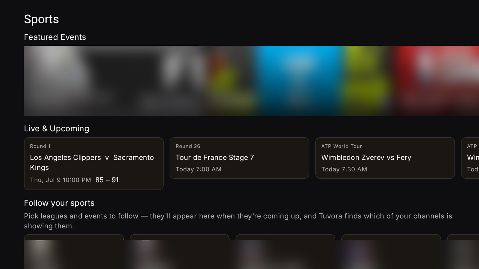 Tuvora on an Android TV, showing featured sports events and upcoming fixtures